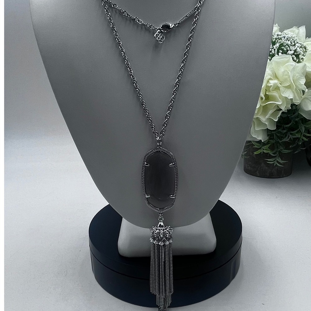 Kendra Scott Rayne Silver Plated Gray Cars Eye Long Tassel Pendant Necklace